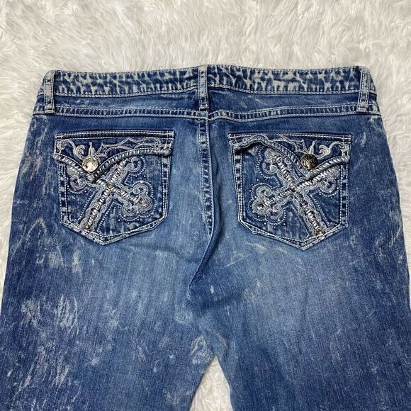 Wrangler Rock 47 Jeans Womens 35x35 Ultra Low Rise Flap Pockets Embroidered - Picture 2 of 12